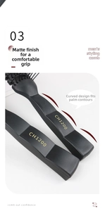 Close-up of matte black hairbrush handle with ergonomic curve and CH1200 model gold print