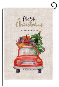 Close-up of linen texture garden flag with watercolor red truck and Christmas tree design