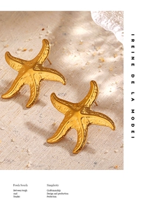 Detailed view of golden starfish earrings with hammered texture on a sandy background