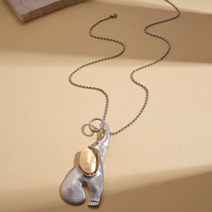 Artistic brushed silver elephant pendant necklace with gold accent and round bead chain