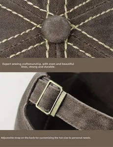 Detailed view of durable triple-line stitching and adjustable bronze buckle on brown cap