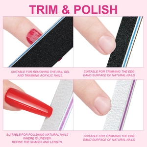 Close-up of dual-sided nail files trimming and polishing acrylic nails on pink background
