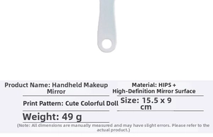 Detail showing white cartoon hand mirror made of HIPS material with HD glass