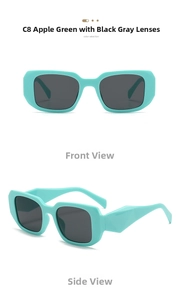 Detail view of apple green thick frame sunglasses with dark grey lenses and 3D textured temples