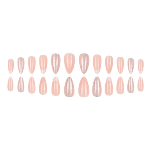 Set de 24 faux ongles amande French avec paillettes et détails de pois blancs