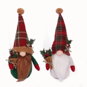 Set of two Christmas gnomes with plaid hats and pine cone bouquets for holiday decor