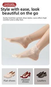 Detail showing sheer lace socks with floral patterns and mesh breathable texture