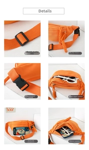 Detail view of orange canvas kids chest bag showing buckle and adjustable strap