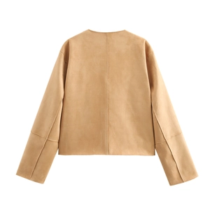 Back view of a camel faux suede cropped jacket with visible stitching and clean texture