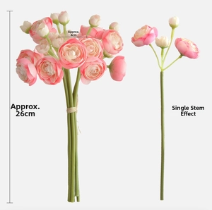 Detailed size view of pink faux ranunculus bouquet with 26cm height and 4cm flower head