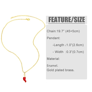 Detailed size chart showing red enamel chili pendant and gold plated brass chain