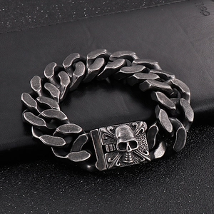 Gothic punk men's stainless steel cuban link bracelet with vintage skull clasp
