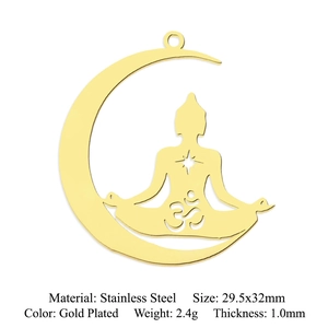 Detail view of gold stainless steel moon buddha pendant with precise product dimensions