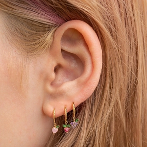 Colorful tropical fruit zircon earrings set with strawberry and grape charms on gold hoops