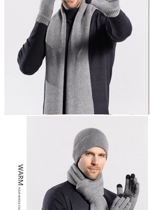 Close-up of three-piece grey knitted set with touchscreen gloves, scarf and warm beanie