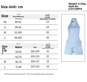 Detailed size chart for summer cowl neck backless top and shorts set in centimeters