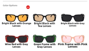 Six retro square sunglasses color options including black, wine red, green, and pink frames