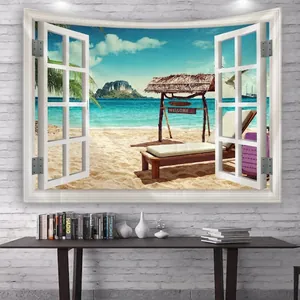 Detalle de tapiz con vista 3D de ventana y paisaje de playa en pared de ladrillos