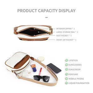 Detailed interior view and capacity layout of the quilted crossbody bag with various essentials