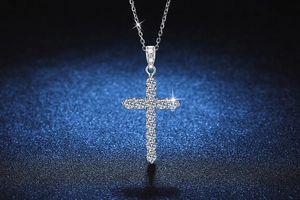 Close-up of S925 sterling silver cross pendant featuring sparkling moissanite stones