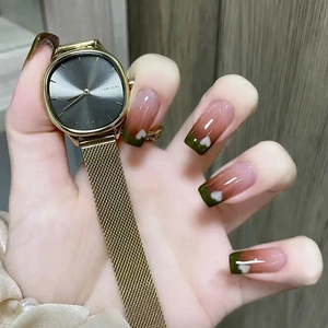 French Gradient Heart Press On Nails Glossy Nude Brown False Nails With Glue Full Cover Long Square Fake Nails Women Manicure