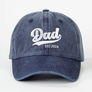 Classic dark blue washed cotton baseball cap with Dad EST 2026 white embroidery