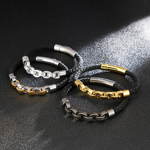 Men's braided leather bracelet with polished stainless steel clasp in four metallic colors