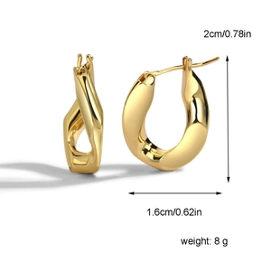 Minimalist golden egg-shaped twist hoop earrings with size and weight measurements