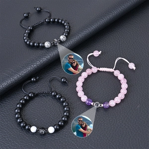 Custom photo projection bracelet with 8mm volcanic lava stone and braided natural beads