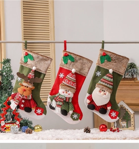 Detailed view of 3D Santa, Reindeer, and Snowman Christmas stockings with knit textures