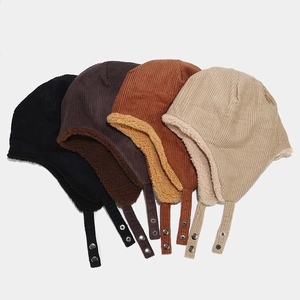 Winter Trapper Hat Corduroy Outer Faux Sherpa Lined Ear Flaps Warm Aviator Cap Adjustable Buckle