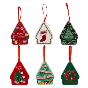 Set of 6 house-shaped Christmas tin boxes with cartoon prints and red hanging ribbons