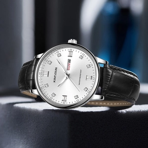 Close-up of KIMSDUN men's business watch with white dial and black leather strap