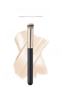 Detailed view of foundation brush with wood handle and synthetic bristles on white background