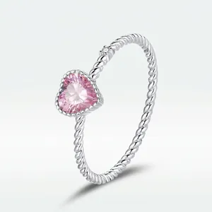 S925 sterling silver ring with heart-shaped pink zircon and twisted rope band design