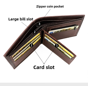 Detail view of brown leather wallet interior with card slots and zipper coin pocket