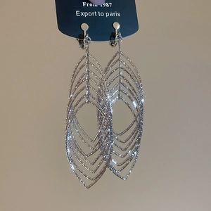 Macro shot of silver layered oval hollow tassel earrings with shimmering starburst texture
