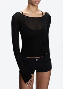 Detail of slim-fit black low-waisted hot pants with matching long-sleeve sheer mesh top