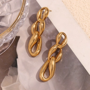 Detailed macro view of 18K gold plated stainless steel triple link chain earrings