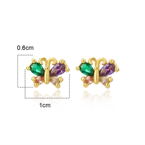 Detail of gold butterfly studs with colorful zircon stones showing 0.6x1cm dimensions
