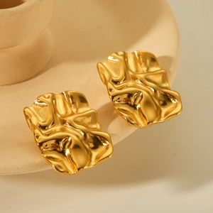 Irregular Wrinkled Square Stud Earrings 18K Gold Plated Stainless Steel Minimalist Geometric Fashion For Women