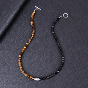 Collier homme en œil de tigre et obsidienne 6mm avec fermoir OT en acier inox