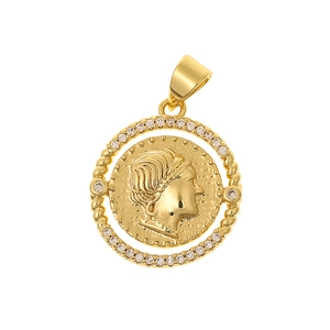 Queen portrait coin pendant in 18K gold plated copper with shimmering micro zircon frame