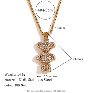 18K gold plated 316L stainless steel bear pendant necklace with full crystal rhinestones