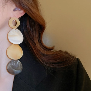 Detail of long geometric acrylic earrings with multi-color resin drops on model
