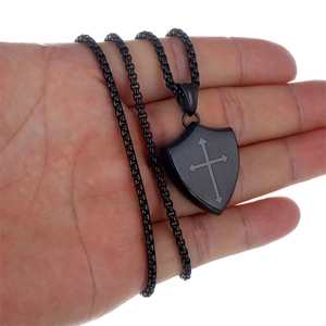 Shield Cross Pendant Necklace Stainless Steel Religious Engraved Bible Verse Gothic Hip Hop Jewelry For Men Women