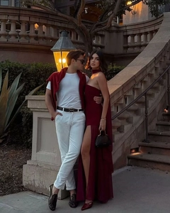 Elegant burgundy halter neck evening dress with high slit and matching long shawl detail