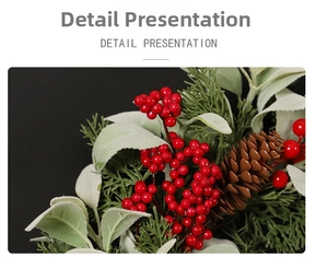 Detail view of artificial pine cones, red berries and flocked leaves for Christmas wreath