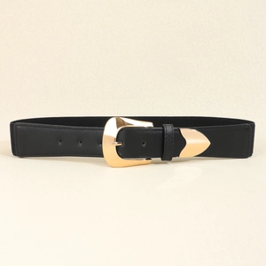 Women black elastic waist belt with geometric gold metal buckle for jeans and dresses