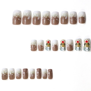 Christmas gradient reindeer press-on nails with snowflakes and glitter in brown and white